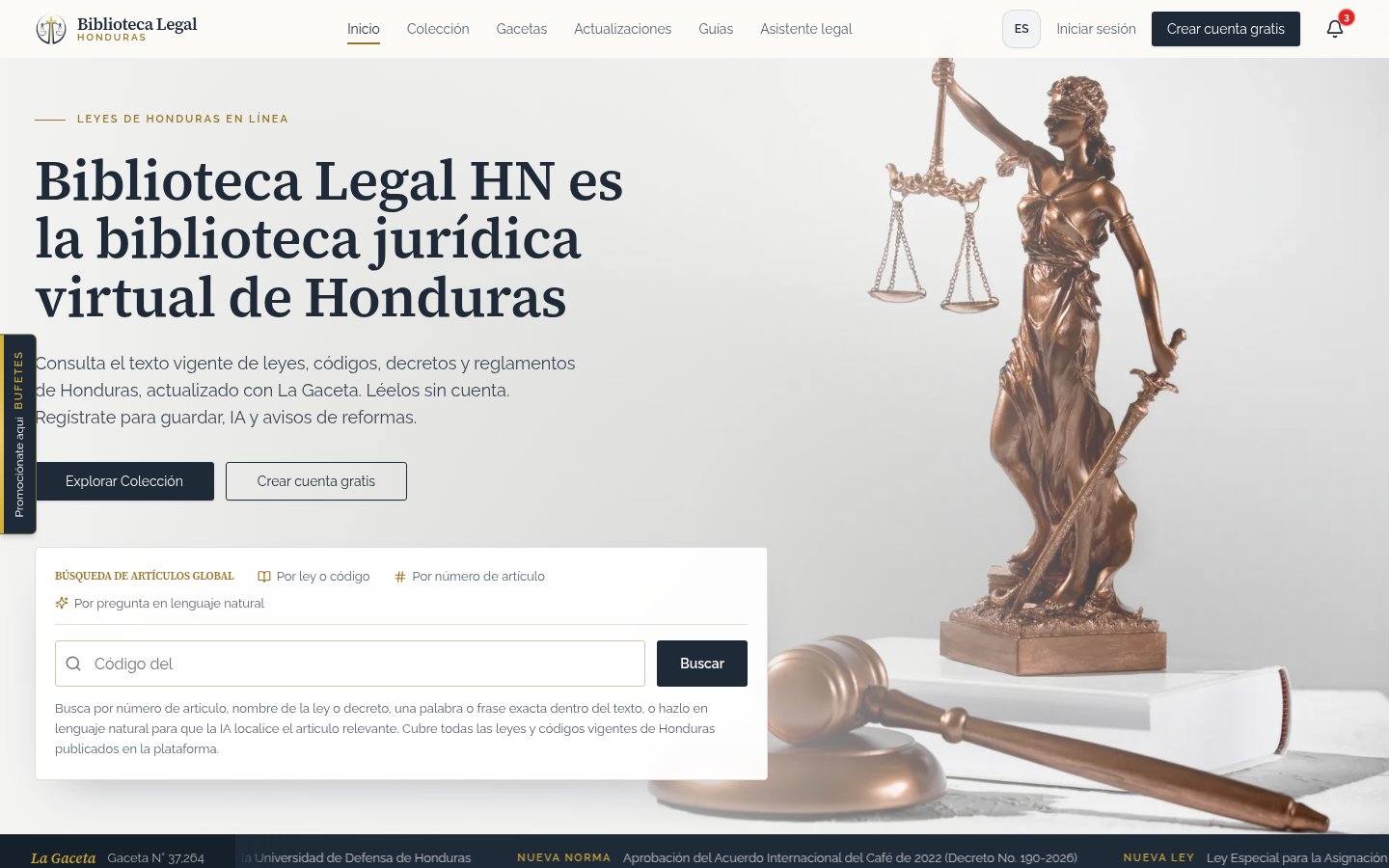 Página de inicio de Biblioteca Legal HN