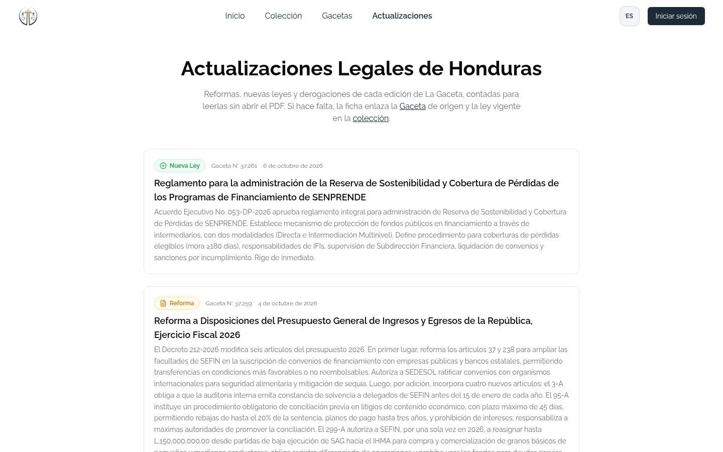 Página de Actualizaciones Legales de Biblioteca Legal HN